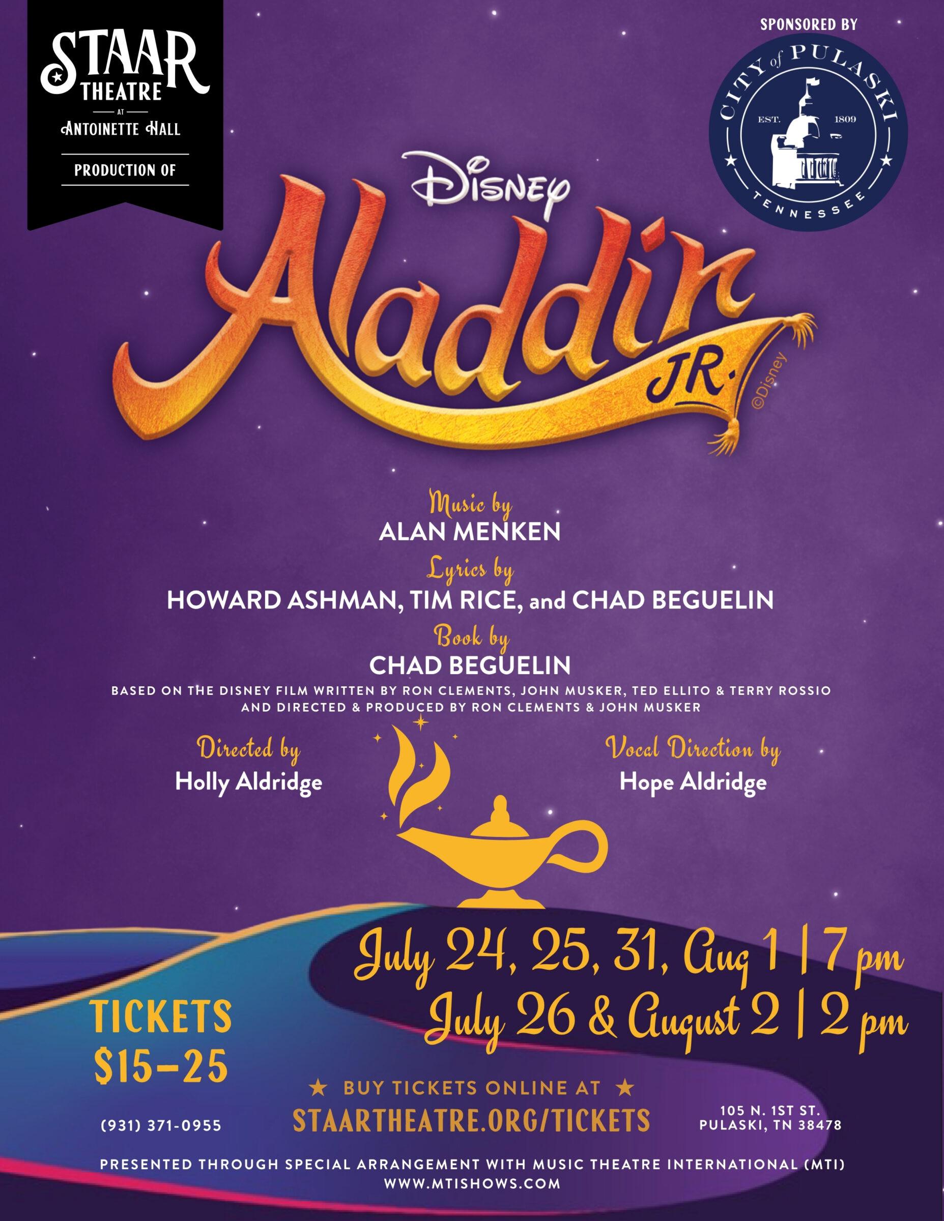 Show poster for STAAR Theatre's production of Disney's Aladdin Jr. 